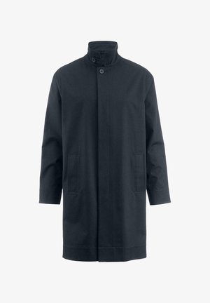 Schwarzer, mittel-langer Mantel mit hohem Kragen, zwei Fronttaschen und Knopfverschluss. Hergestellt aus glattem Stoff mit strukturierter Optik.