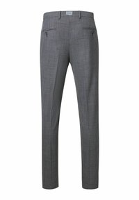Pantalons tailleurs gris avec un motif à petits carreaux subtil. Comprend deux poches avant et un design droit élégant. Fabriqué en tissu tissé.