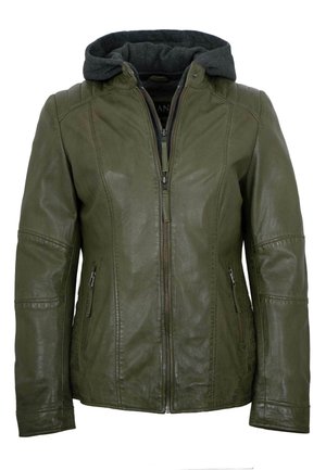 Olivgrüne Lederjacke mit Frontreißverschluss, Reißverschlusstaschen an den Seiten und angenähter dunkelgrauer Stoffkapuze.