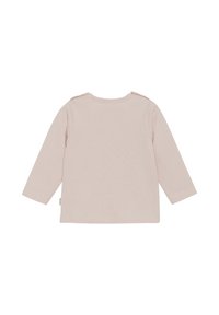 Langarmshirt aus weichem, pastellpinkem Baumwollstoff mit Rundhalsausschnitt und Schulterknöpfen. Glatte Textur ohne sichtbare Muster oder Akzente.