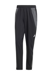 Schwarze Sporthosen mit tailliertem Schnitt, elastischem Bund, seitlichen Taschen und grauen Akzenten an den Seiten. Hergestellt aus leichtem, glattem Stoff.