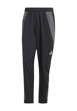 Schwarze Sporthosen mit tailliertem Schnitt, elastischem Bund, seitlichen Taschen und grauen Akzenten an den Seiten. Hergestellt aus leichtem, glattem Stoff.