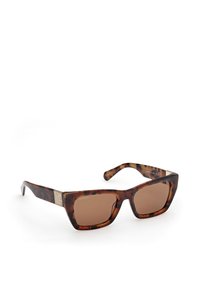 Ochelari de soare tortoiseshell maronii cu rame pătrate, având lentile maronii și detalii aurii accentuate pe brațe.