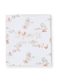 Cotton fitted sheet featuring a light background with pastel-colored illustrations of Winnie the Pooh characters, trees, and whimsical details.