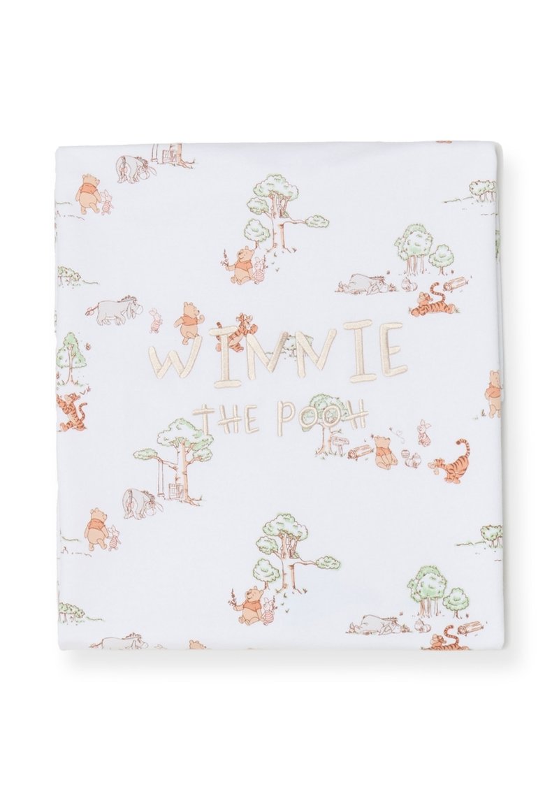 Cotton fitted sheet featuring a light background with pastel-colored illustrations of Winnie the Pooh characters, trees, and whimsical details.