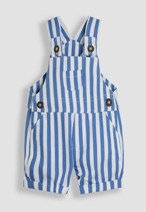 Modré a bílé pruhované kombinézy s ramenními popruhy, které mají dvě přední kapsy a stříbrné knoflíkové detaily na popruzích.
