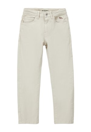 Jeans beige a gamba dritta con tasche frontali, passanti per cintura, chiusura con bottoni e logo Roy Roger sulla tasca destra.
