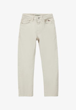 Jeans beige a gamba dritta con tasche frontali, passanti per cintura, chiusura con bottoni e logo Roy Roger sulla tasca destra.