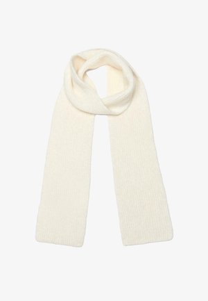 Blødt, strikket cremehvidt tørklæde, løs foldet i toppen med begge ender hængende lige ned.