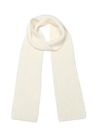 Soft, knitted cream white scarf, loosely folded at the top with both ends hanging straight down.