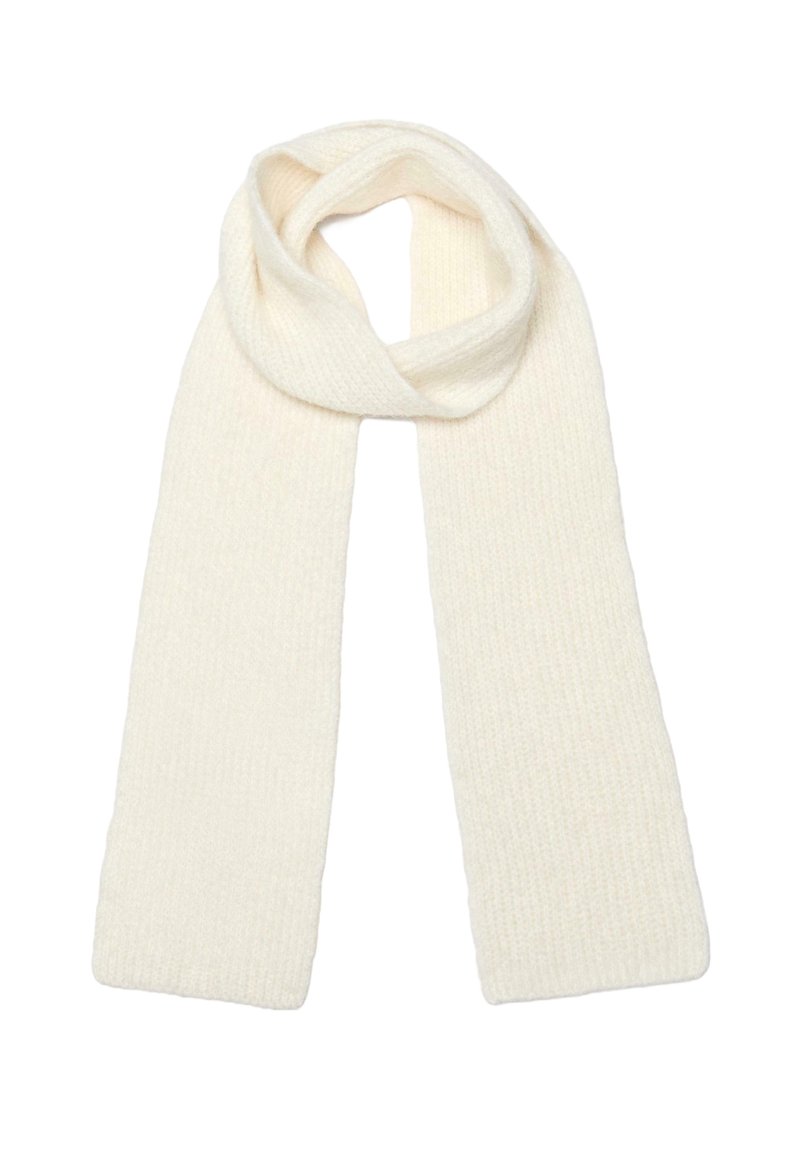 Soft, knitted cream white scarf, loosely folded at the top with both ends hanging straight down.