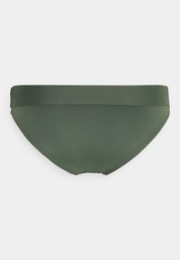 Žalias bikini aukštis su glotnia, matinė tekstūra, turi plačią juosmenį ir žemą kirpimą. Paprastas, vientisas dizainas be raštų.