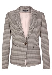 Blazer da donna a un bottone con motivo a scacchi marrone e bianco, con rever a punta e due tasche a filetto anteriori, foderato in tessuto rosa chiaro.