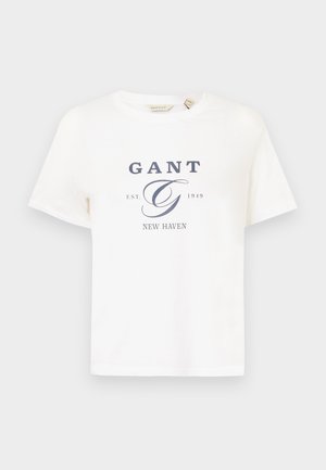 White cotton T-shirt with short sleeves, featuring a navy blue graphic text that includes "GANT," "EST. 1949," and "NEW HAVEN."