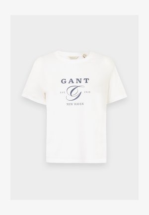 Biała bawełniana koszulka z krótkim rękawem, z niebieskim graficznym napisem, który zawiera "GANT", "EST. 1949" i "NEW HAVEN."