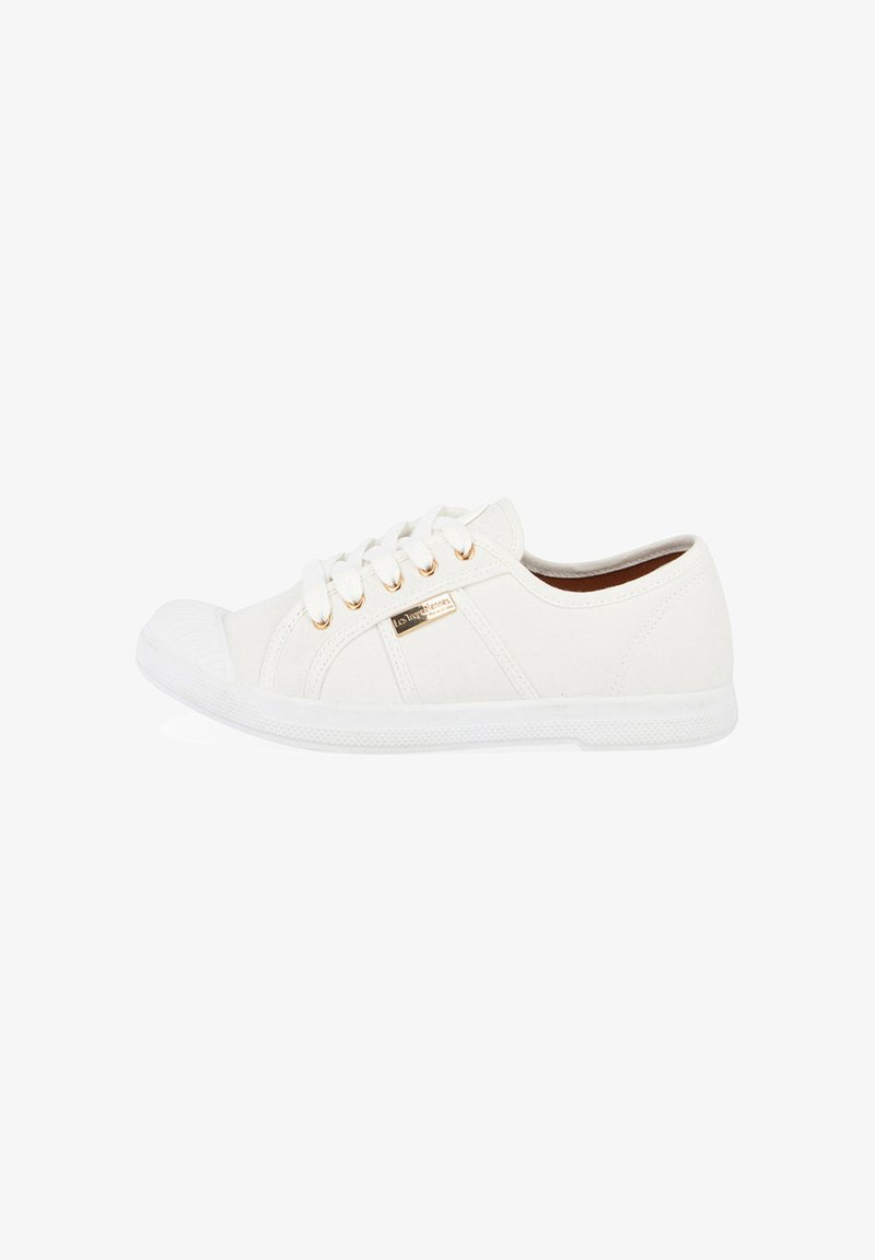 Witte canvas sneakers met ronde neus, witte rubberen zool, gouden oogjes en witte veters. Heeft een minimalistisch ontwerp en een gladde textuur.