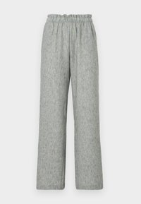 Pantalon gris clair à jambes droites avec une ceinture élastique, fabriqué dans un tissu doux et texturé.