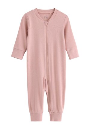 Weicher rosa gerippter Baby-Overall mit langen Ärmeln, langen Beinen, einem Frontreißverschluss und umgeschlagenen Bündchen an Handgelenken und Knöcheln.