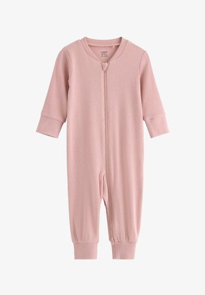 Weicher rosa gerippter Baby-Overall mit langen Ärmeln, langen Beinen, einem Frontreißverschluss und umgeschlagenen Bündchen an Handgelenken und Knöcheln.