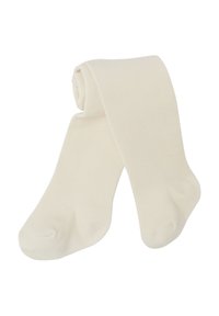 Cremfarbene rippstrick Strumpfhosen, gefaltet, mit sichtbaren Füßen auf weißem Hintergrund.