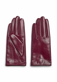 Burgundia nahast kindad, millel on neli sõrme ja eraldatud pöial. Sujuv tekstuur, õmmeldud detailid sõrmedel ja elegantne disain.