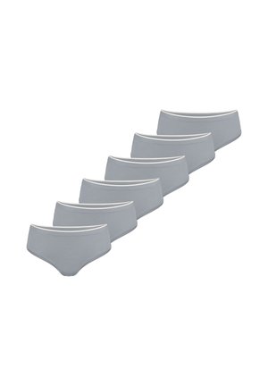 Sześć par szarych bawełnianych majtek typu brief z kontrastującym białym paskiem w talii, charakteryzujących się gładką fakturą i prostym wzorem.