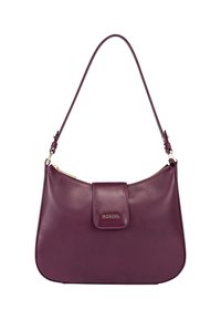 Burgundy leather handbag with a zip closure, flat design, and adjustable strap. Features a magnetic flap and gold hardware accents.