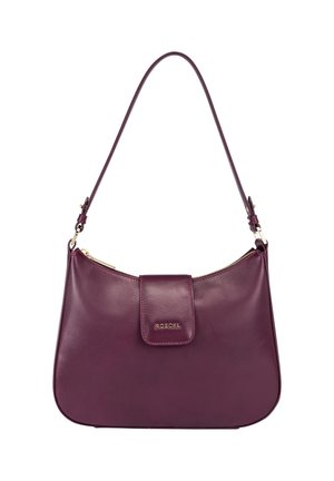 Burgunderfarbene Lederhandtasche mit einer geschwungenen Form, Reißverschluss und einem vorderen Druckknopf. Sie verfügt über eine glatte Oberfläche und einen dünnen, verstellbaren Schultergurt.