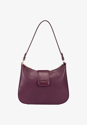 Bordeauxrote Ledertasche mit Reißverschluss, flachem Design und verstellbarem Riemen. Ausgestattet mit einer magnetischen Klappe und goldfarbenen Akzenten.