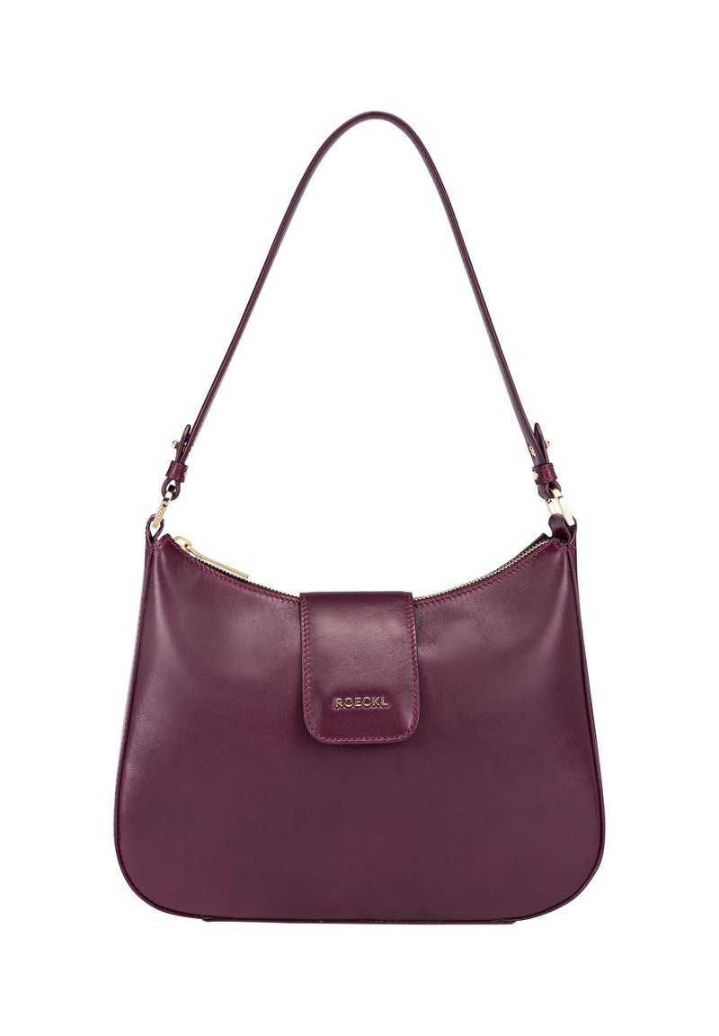 Burgundy leather handbag with a zip closure, flat design, and adjustable strap. Features a magnetic flap and gold hardware accents.