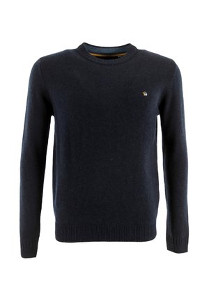 Pull en maille bleu marine avec un col rond, des manches longues, des poignets et un ourlet côtelés. Présente un petit logo sur la poitrine. Texture douce.