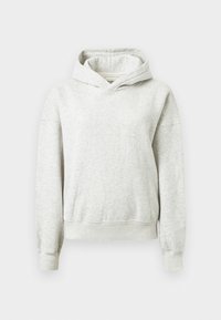 Felpa in cotone grigio chiaro con maniche lunghe, polsini e orlo a costine, e un ampio cappuccio attaccato su uno sfondo bianco semplice.