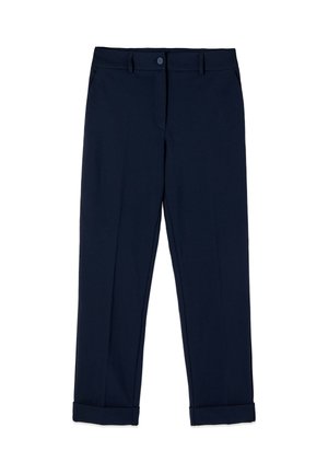 Pantalon bleu marine ajusté avec ourlets retroussés, passants pour ceinture, poches latérales et fermeture à bouton à la taille.