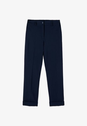 Pantaloni sartoriali blu navy con orli risvoltati, passanti per cintura, tasche laterali e chiusura con bottone in vita.