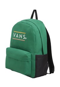 Zelený batoh s černým dnem. Obsahuje polstrovanou přední kapsu a logo "VANS" ve žlutých a růžových pruzích na přední straně.