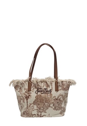 Borsa tote beige con stampa tropicale marrone, bordo superiore sfrangiato, "Saint Barth" ricamato in marrone e due tracolle in pelle marrone.