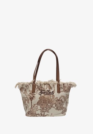 Borsa tote beige con stampa tropicale marrone, bordo superiore sfrangiato, "Saint Barth" ricamato in marrone e due tracolle in pelle marrone.