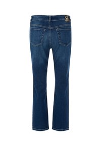 Blaue Jeans aus Denim mit geradem Schnitt, fünf Taschen und einem Etikett am Bund. Der Stoff hat ein leicht strukturiertes Finish.