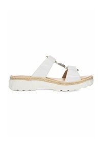 White sandals with a glossy finish, featuring two wide straps and a textured, lightweight sole with an espadrille accent.