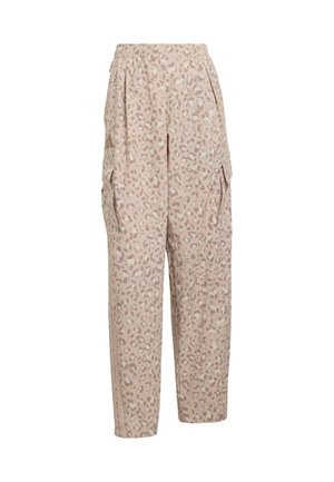 Světlé béžové kalhoty s vysokým pasem, elastickým pasem, bočními kapsami a jemným hnědým leopardím vzorem.