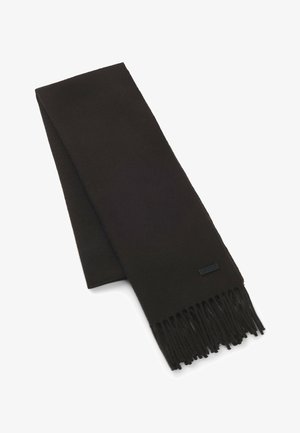 Dunkelbrauner Schal aus weichem Material, mit Fransen an den Rändern und einem kleinen Markenetikett an einem Ende. Durchgehend glatte Textur.