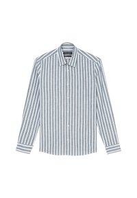 Striped long-sleeve shirt in light blue and white, made of a textured fabric. Features a pointed collar and button closure.