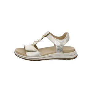 Women’s metallic silver open-toe sandal with adjustable straps and cushioned sole for comfort and casual wear.