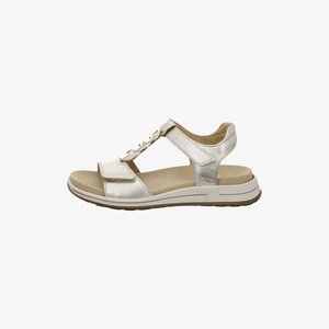 Women’s metallic silver open-toe sandal with adjustable straps and cushioned sole for comfort and casual wear.