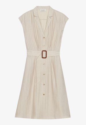 Beige striped dress with a button-down front, short cap sleeves, and a brown belt. Made of lightweight fabric with a smooth texture.