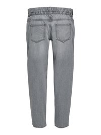 Pelēkas džinsa bikses ar elastīgu jostasvietu, divām aizmugurējām kabatām un šūtiem dekoratīviem elementiem. Audums ir gluds ar viegli izbalējušu tekstūru.