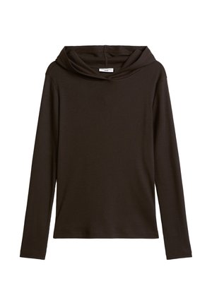 Bruine longsleeve top met een capuchon, gemaakt van getextureerde geribbelde stof. Heeft een losse pasvorm en een eenvoudig, strak ontwerp.