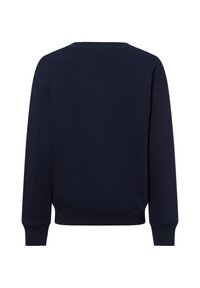 Felpa blu navy con scollo rotondo, maniche lunghe, polsini e orlo a coste. Tessuto liscio, colore uniforme senza motivi o dettagli.
