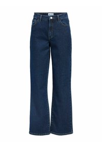 Traperice širokih nogavica tamnoplave boje, s visokim strukom, dizajnom s pet džepova i prepoznatljivim logotipom na pojasu.