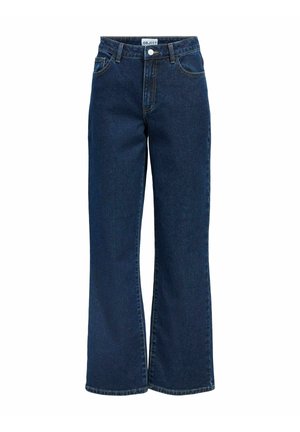 Jeansy z szerokimi nogawkami w ciemnym niebieskim odcieniu, z wysokim stanem, pięcioma kieszeniami i charakterystycznym logo na pasie.